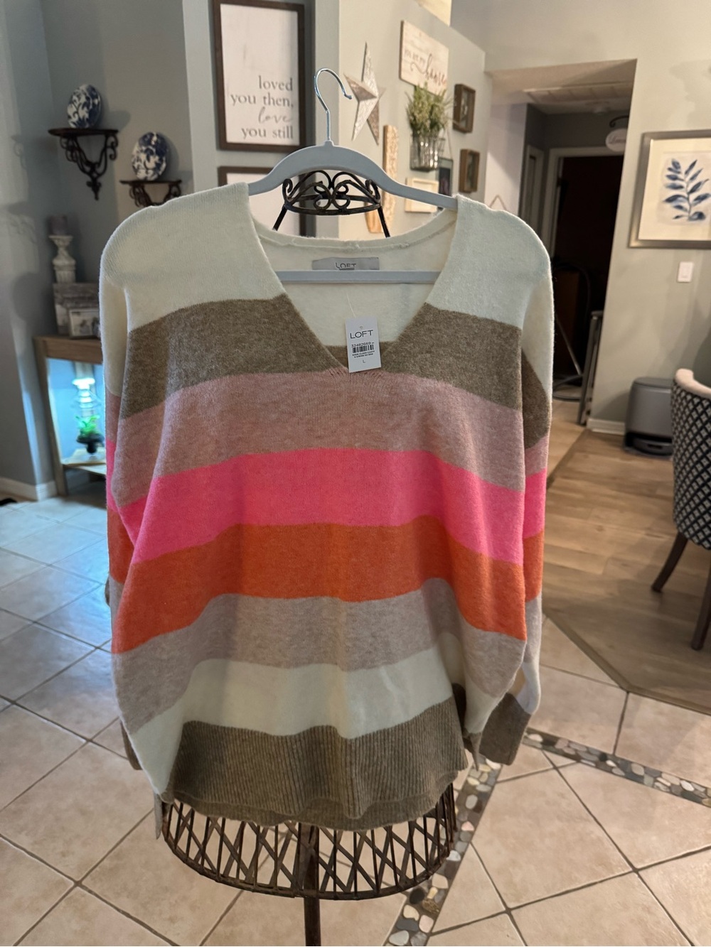 NWT LOFT Colorblock V Neck Sweater Large Soft Knit Pink Orange Neutral Stripe